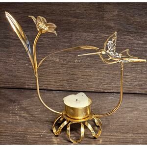 Vintage Hummingbird Crystal Flower Candle Holder Fold Tone